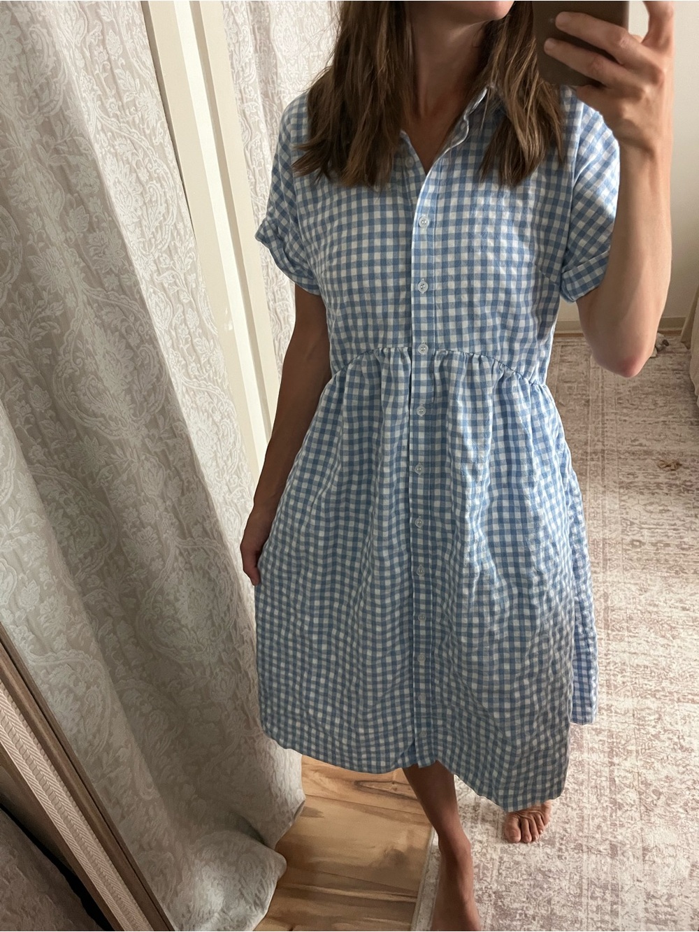 Gingham Midi Dress in Dusty Blue